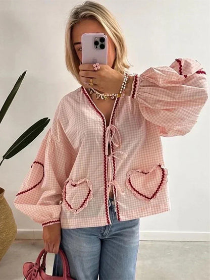 Mila | Women's Heart Blouse with Pockets and Ruffle Detail