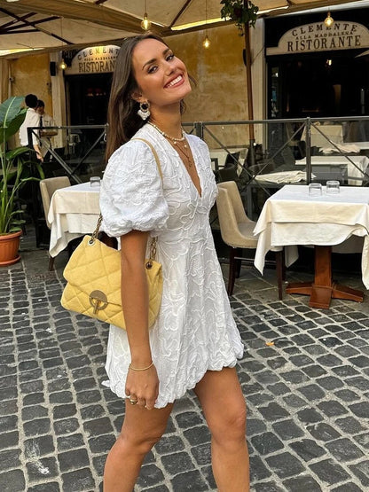 Fay | Women's White Mini Dress Featuring Embroidered Ruffle Accents