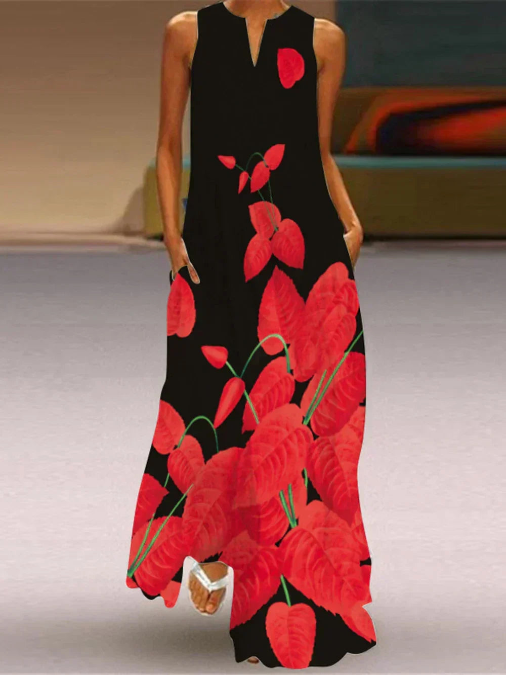 Women's Aurelia A-Line Maxi Dress with Floral Butterfly Design and Pockets