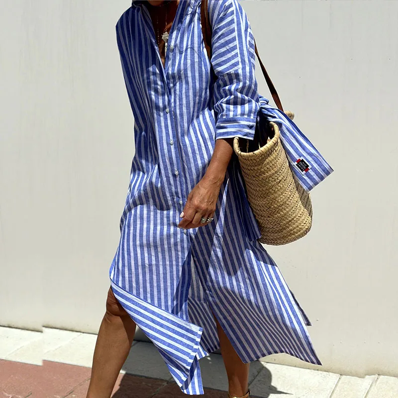 Cerys | Women's Elegant Striped Shirt Midi Dress