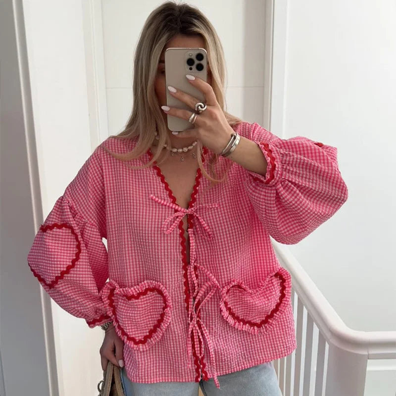 Mila | Women's Heart Blouse with Pockets and Ruffle Detail