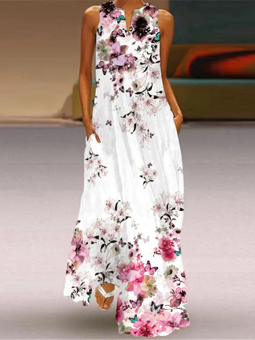 Women's Aurelia A-Line Maxi Dress with Floral Butterfly Design and Pockets