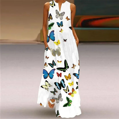 Women's Aurelia A-Line Maxi Dress with Floral Butterfly Design and Pockets