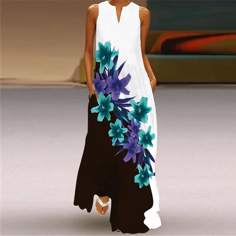 Women's Aurelia A-Line Maxi Dress with Floral Butterfly Design and Pockets