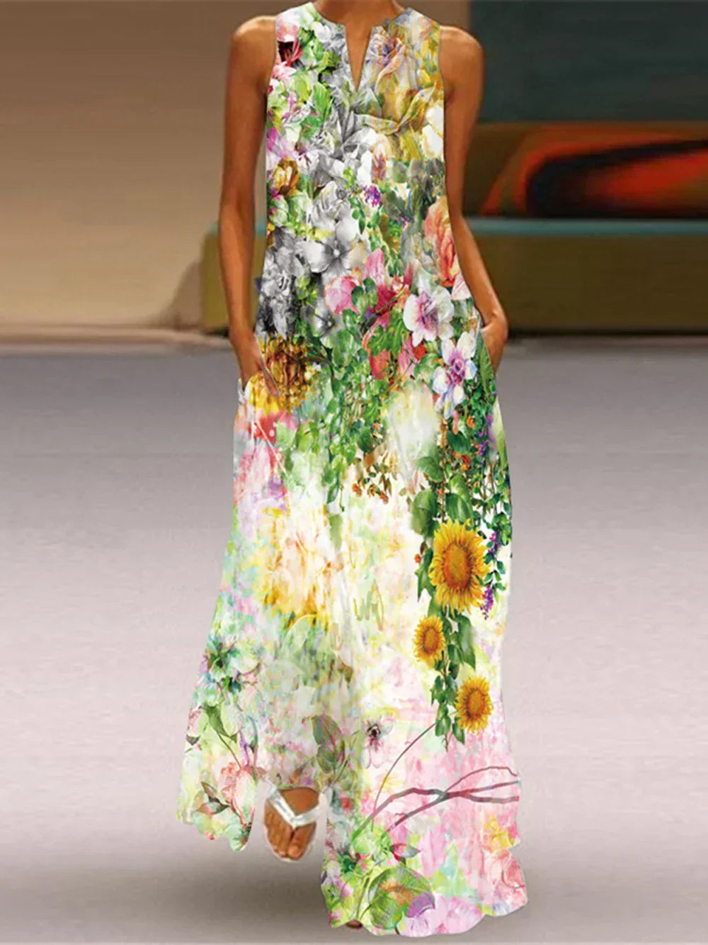Women's Aurelia A-Line Maxi Dress with Floral Butterfly Design and Pockets