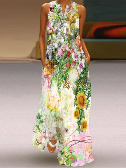 Women's Aurelia A-Line Maxi Dress with Floral Butterfly Design and Pockets