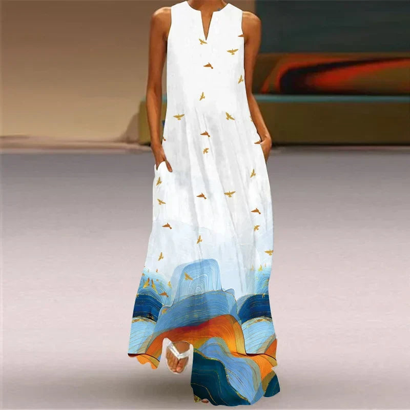 Women's Aurelia A-Line Maxi Dress with Floral Butterfly Design and Pockets