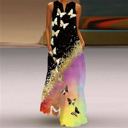 Women's Aurelia A-Line Maxi Dress with Floral Butterfly Design and Pockets