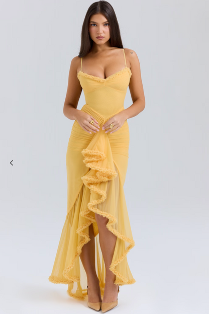 Fauna | Women's Ruched Ruffle Dovetail Party Maxi Dress with Ruching
