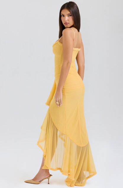 Fauna | Women's Ruched Ruffle Dovetail Party Maxi Dress with Ruching