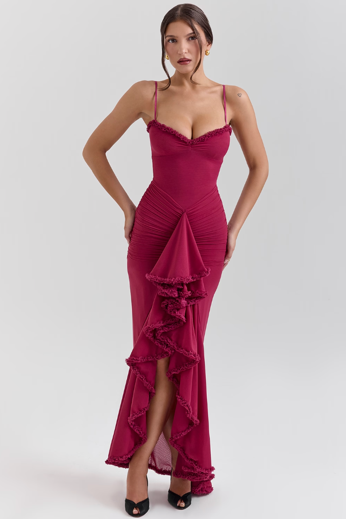 Fauna | Women's Ruched Ruffle Dovetail Party Maxi Dress with Ruching