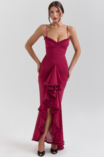 Fauna | Women's Ruched Ruffle Dovetail Party Maxi Dress with Ruching