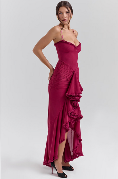 Fauna | Women's Ruched Ruffle Dovetail Party Maxi Dress with Ruching