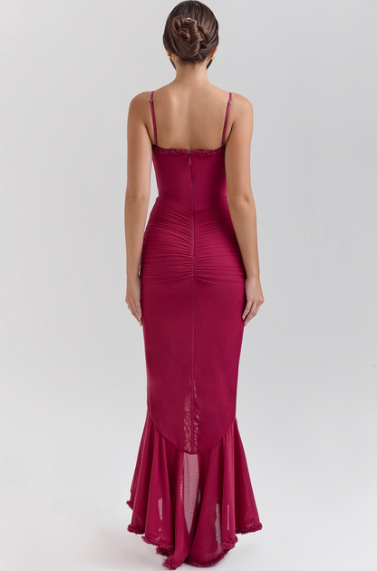 Fauna | Women's Ruched Ruffle Dovetail Party Maxi Dress with Ruching