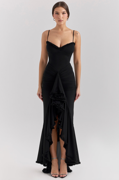 Fauna | Women's Ruched Ruffle Dovetail Party Maxi Dress with Ruching