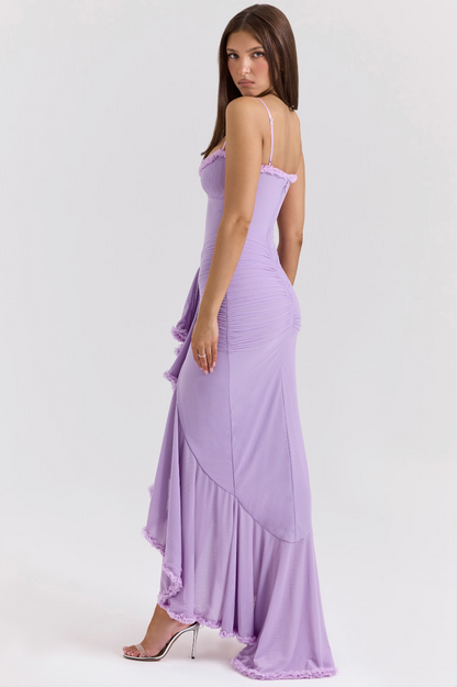 Fauna | Women's Ruched Ruffle Dovetail Party Maxi Dress with Ruching