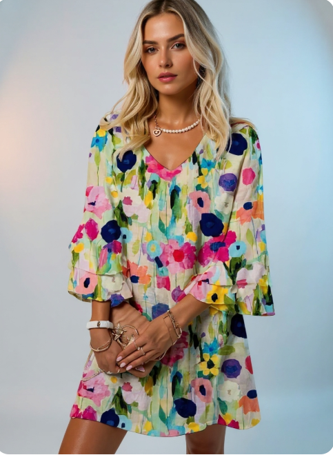 Mia | Women's Floral Chic Mini Dress with V-Neck