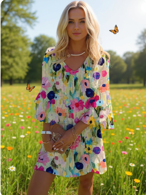 Mia | Women's Floral Chic Mini Dress with V-Neck