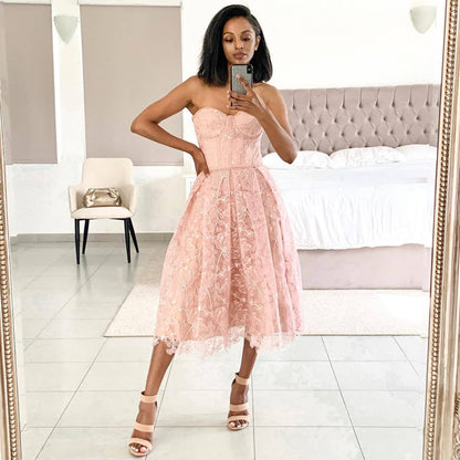Luna | Women's Strapless Lace Midi Dress with Corset Top