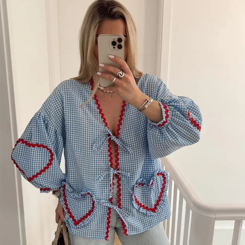 Mila | Women's Heart Blouse with Pockets and Ruffle Detail