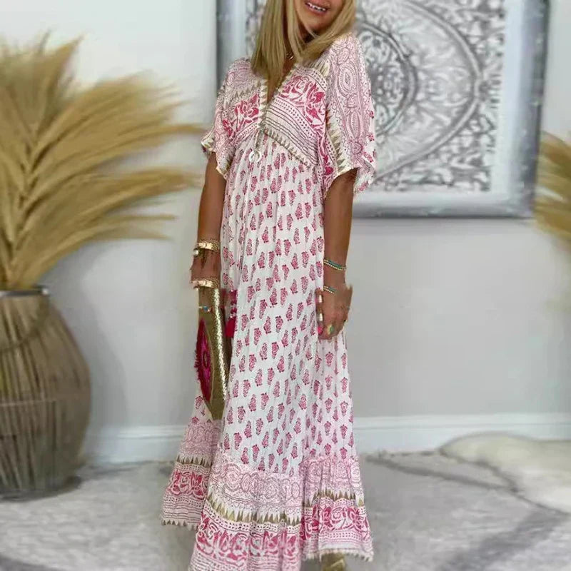 Women's V-Neck Short Sleeve Maxi Dress