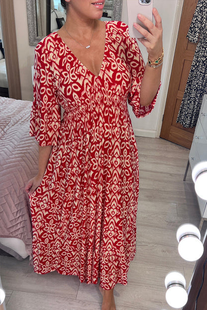 Women's Bohemian Midi Dress by Selene with V-Neck