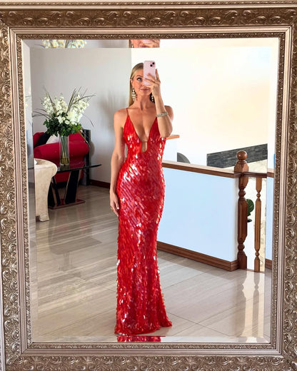 Kalea | Women's Glitter Sequins Backless Strap Maxi Dress