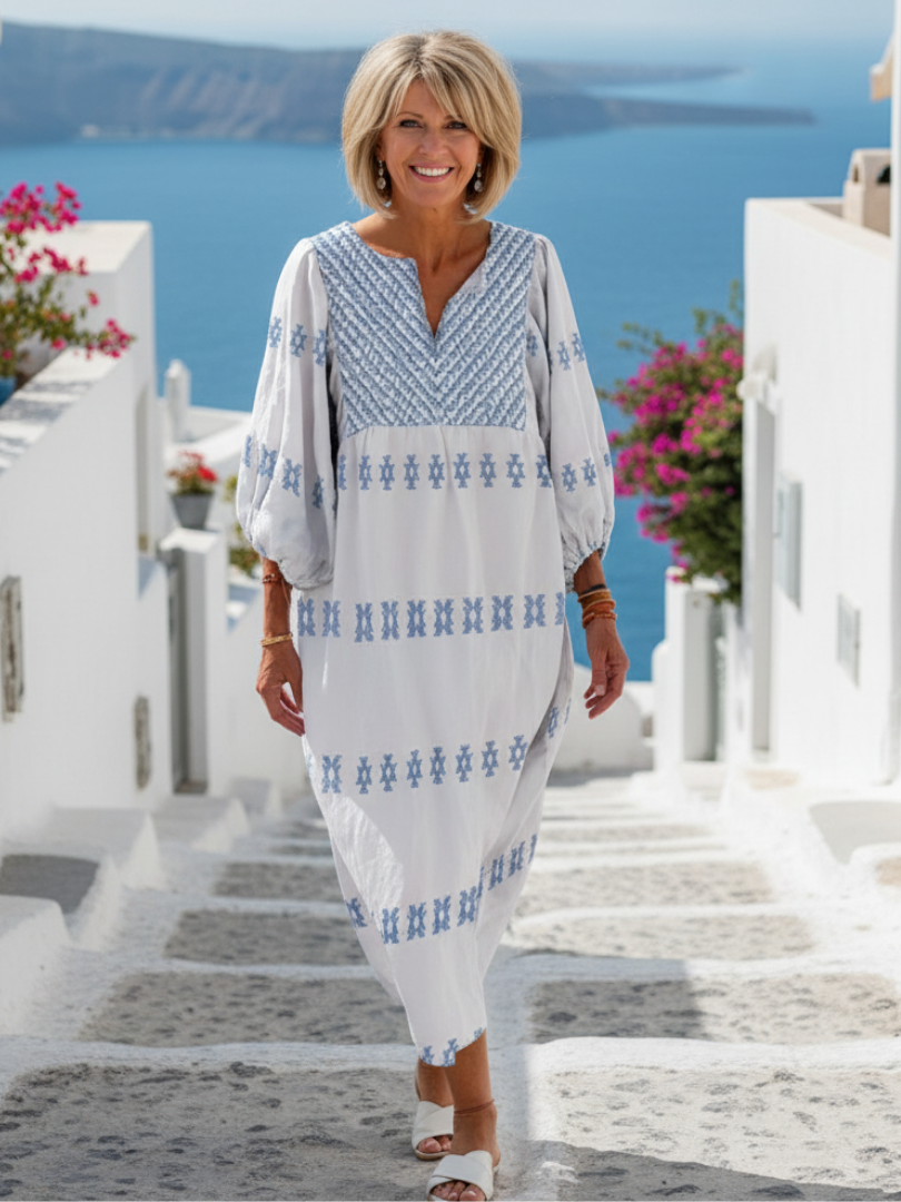 Evadne | Women's Relaxed V Neck Long Sleeve Embroidered Maxi Dress