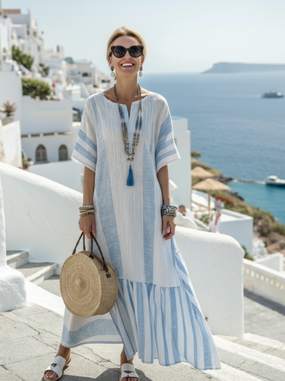 Ione | Women's Relaxed Round Neck Short Sleeve Striped Maxi Dress