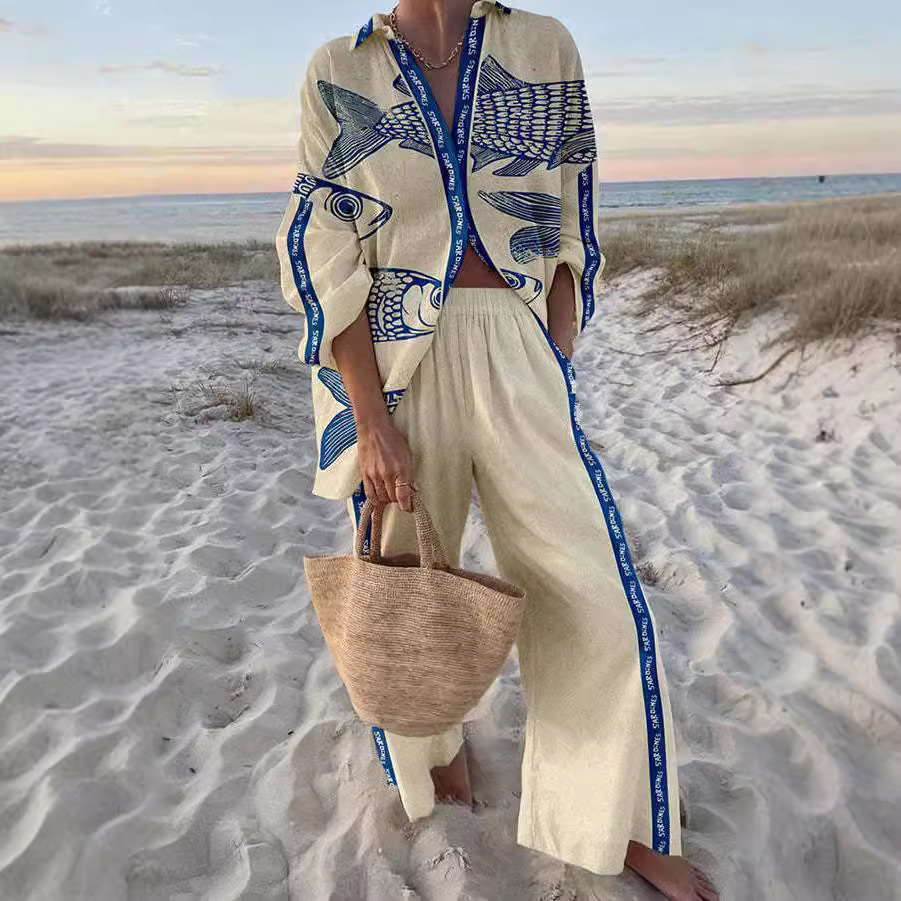 Yazette | Women's Relaxed Blue Fish Print Set.