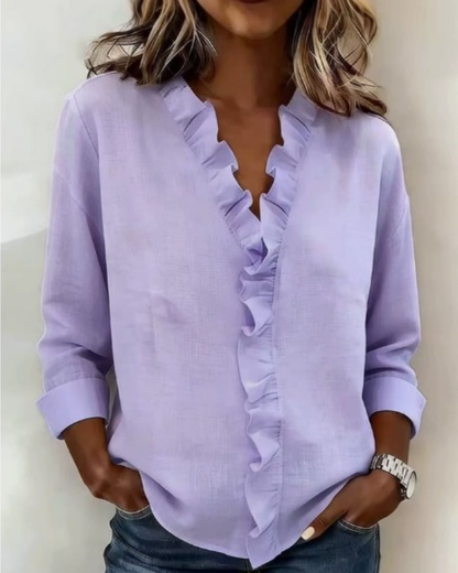 Indie | Women's Relaxed Ruffled V-Neck Blouse with Long Sleeves