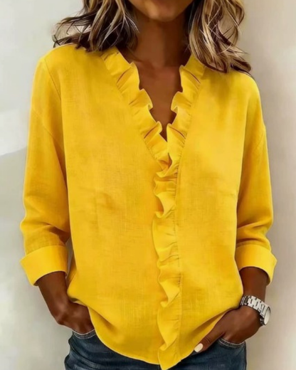 Indie | Women's Relaxed Ruffled V-Neck Blouse with Long Sleeves