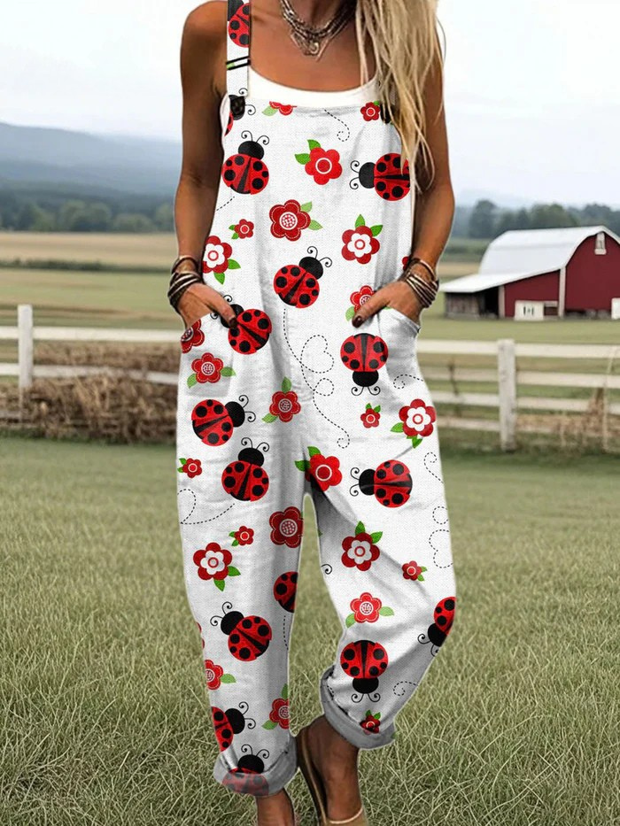 Women's Vintage Floral Jumpsuit, Comfortable Wide Leg Design with Pockets