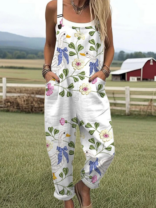 Women's Vintage Floral Wide Leg Jumpsuit, Soft Comfort & Effortless Style