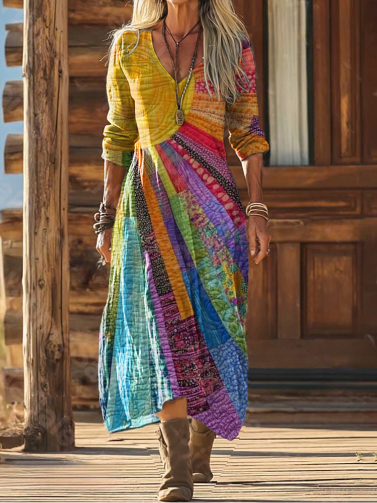 Women's Boho Chic Sun Pattern Midi Dress