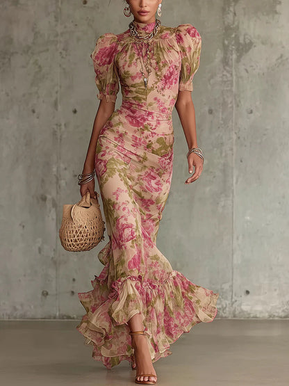 Mae | Women's Retro Floral Puff Sleeve Maxi Dress