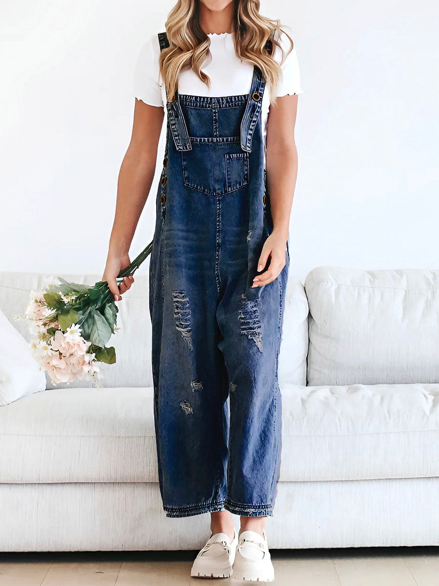 Thessa | Women's Relaxed Distressed Denim Overalls with Pockets