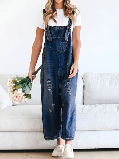 Thessa | Women's Relaxed Distressed Denim Overalls with Pockets