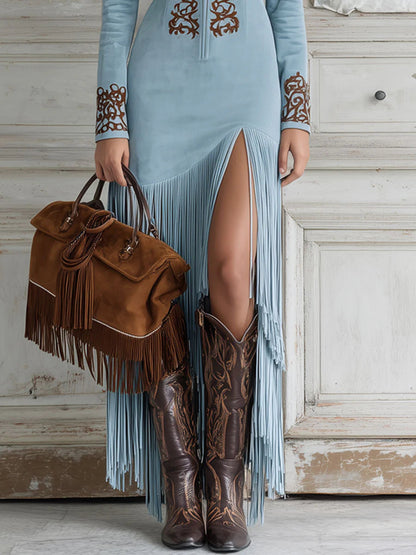 Women's Ophelio Western-Inspired Maxi Dress with Embroidered Faux Fringe and Half-Zip Detail