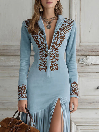 Women's Ophelio Western-Inspired Maxi Dress with Embroidered Faux Fringe and Half-Zip Detail