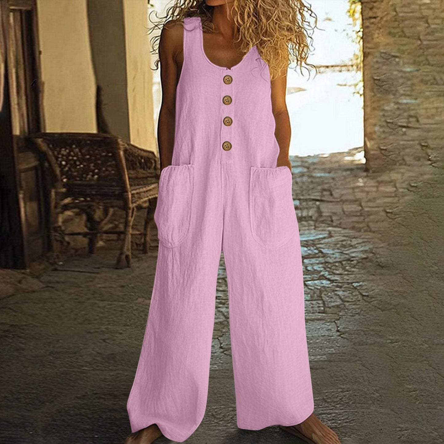 Women's Casual Button-Up Wide-Leg Jumpsuit with Pockets