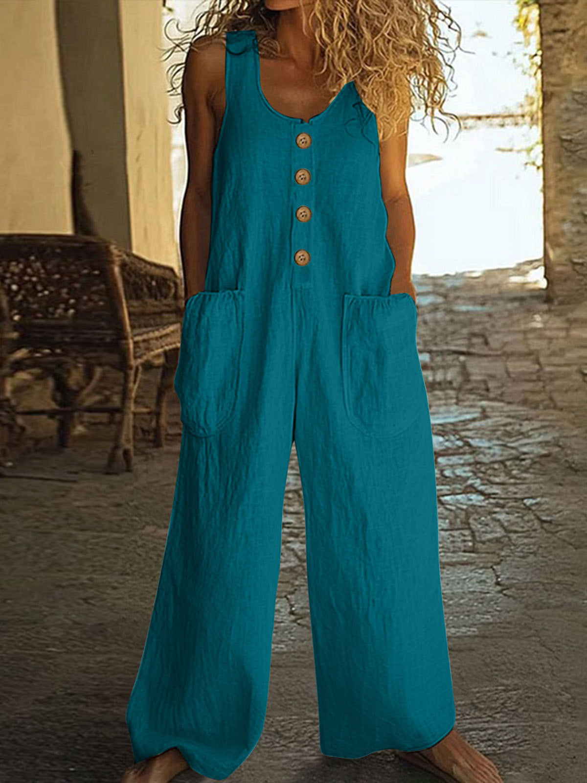 Women's Casual Button-Up Wide-Leg Jumpsuit with Pockets