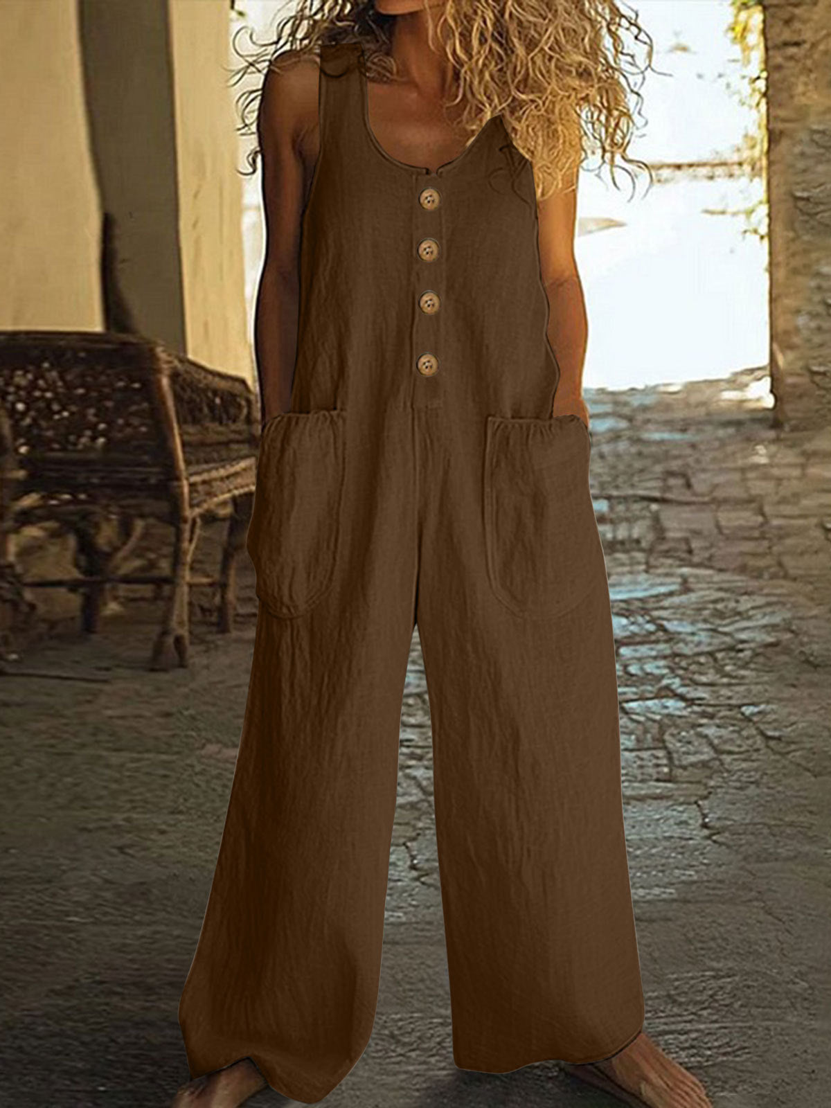 Women's Casual Button-Up Wide-Leg Jumpsuit with Pockets