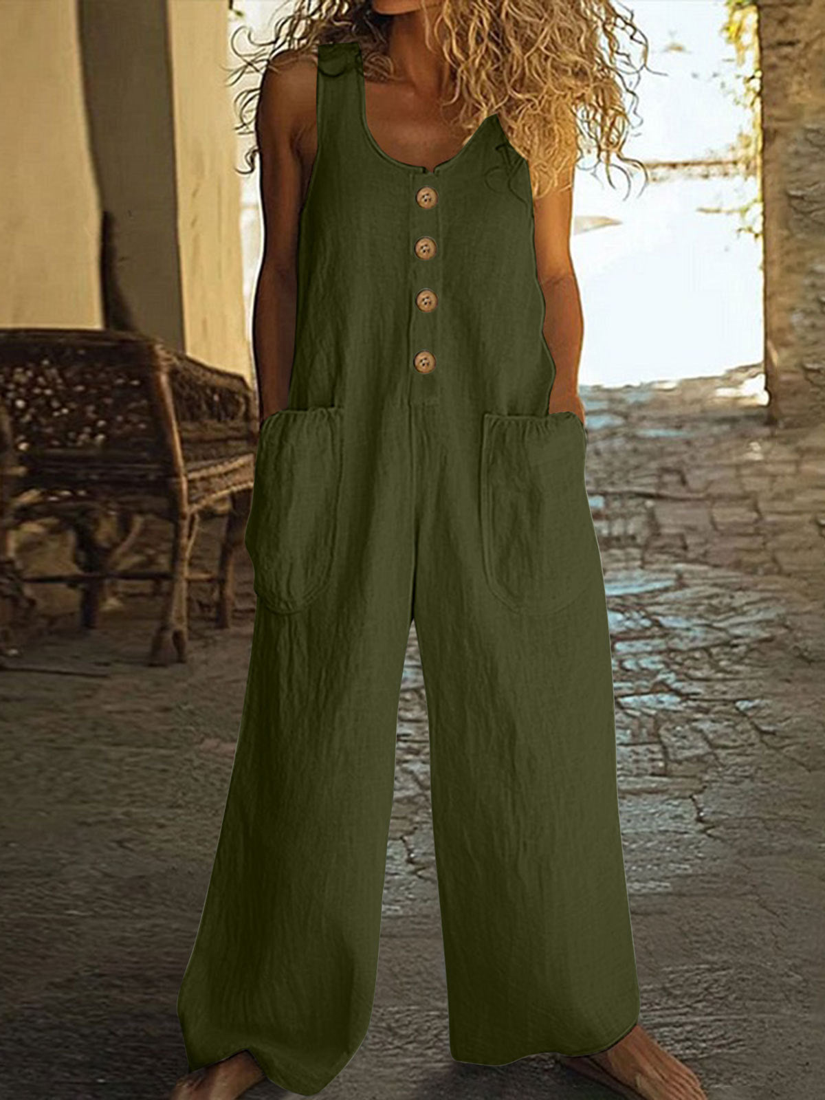 Women's Casual Button-Up Wide-Leg Jumpsuit with Pockets