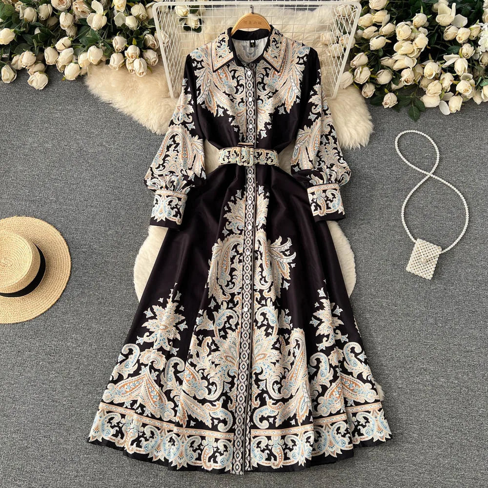 Women's Floral A-Line Maxi Dress with Belt