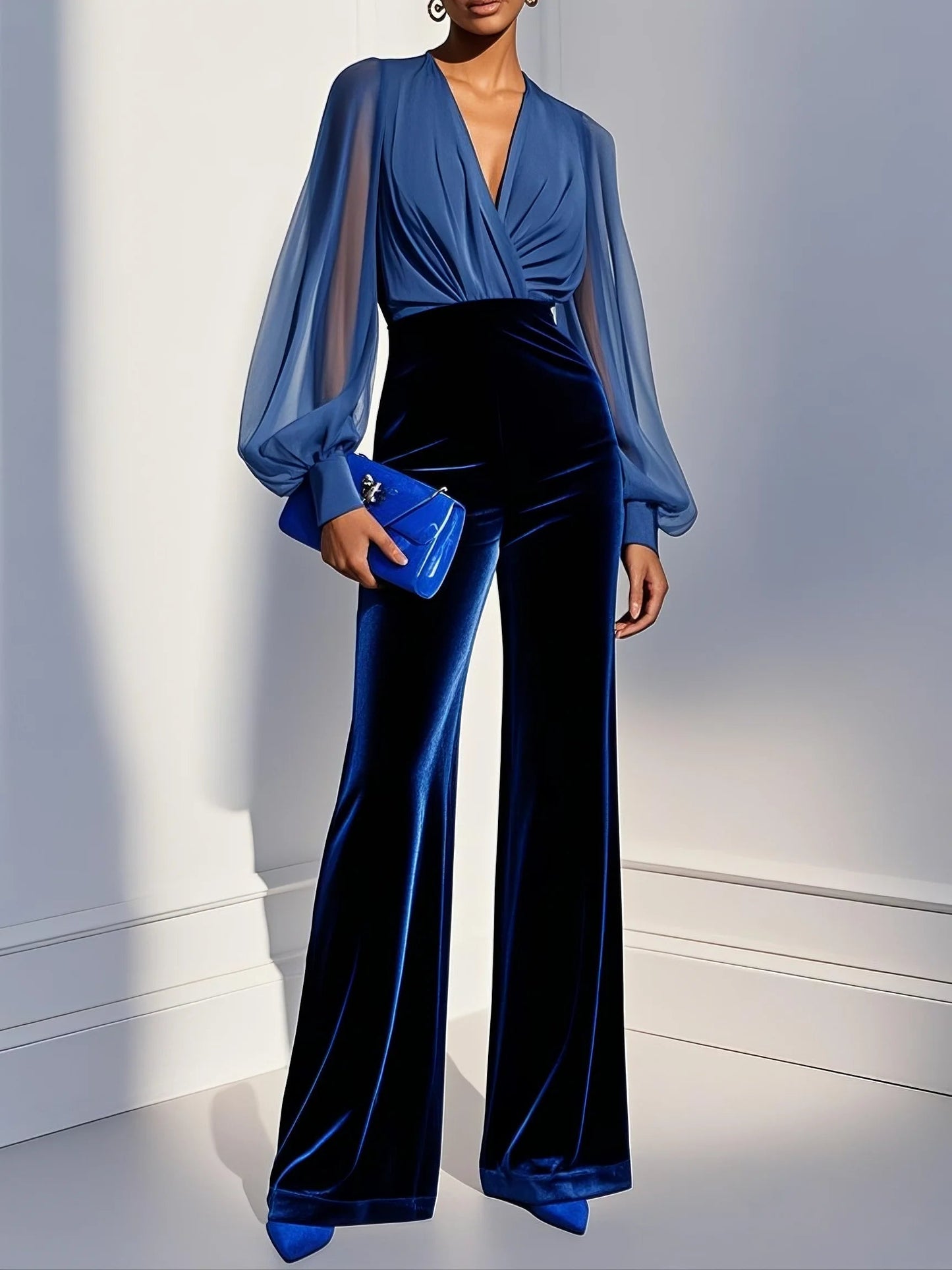 Women's Jumpsuit with Long Sleeves and Blue V-Neck and Ruching