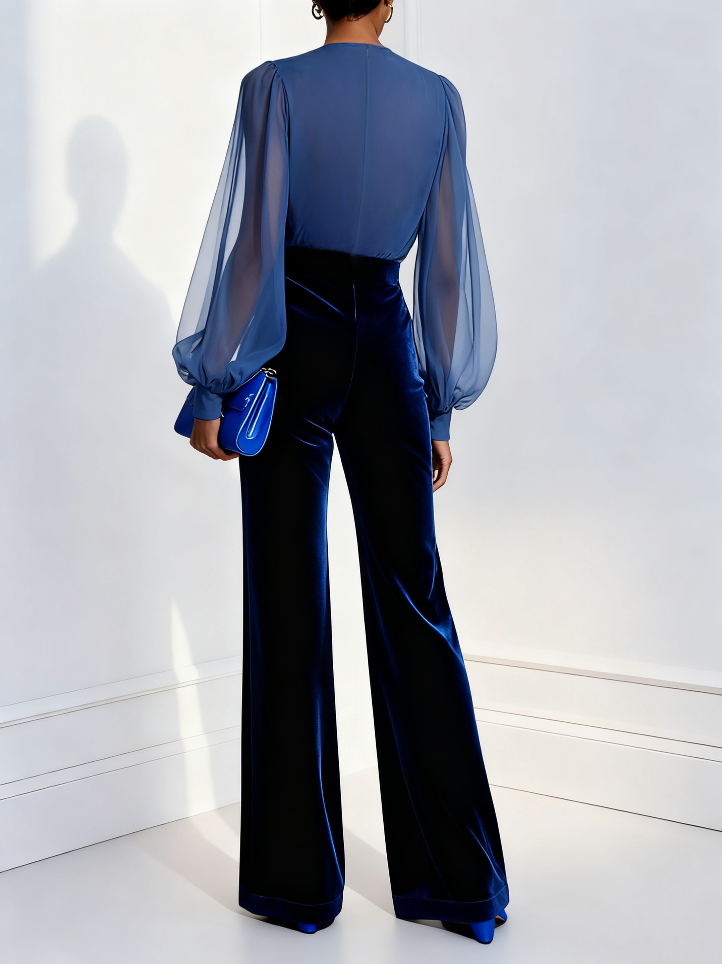 Women's Jumpsuit with Long Sleeves and Blue V-Neck and Ruching