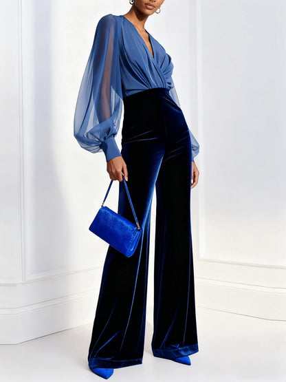 Women's Jumpsuit with Long Sleeves and Blue V-Neck and Ruching