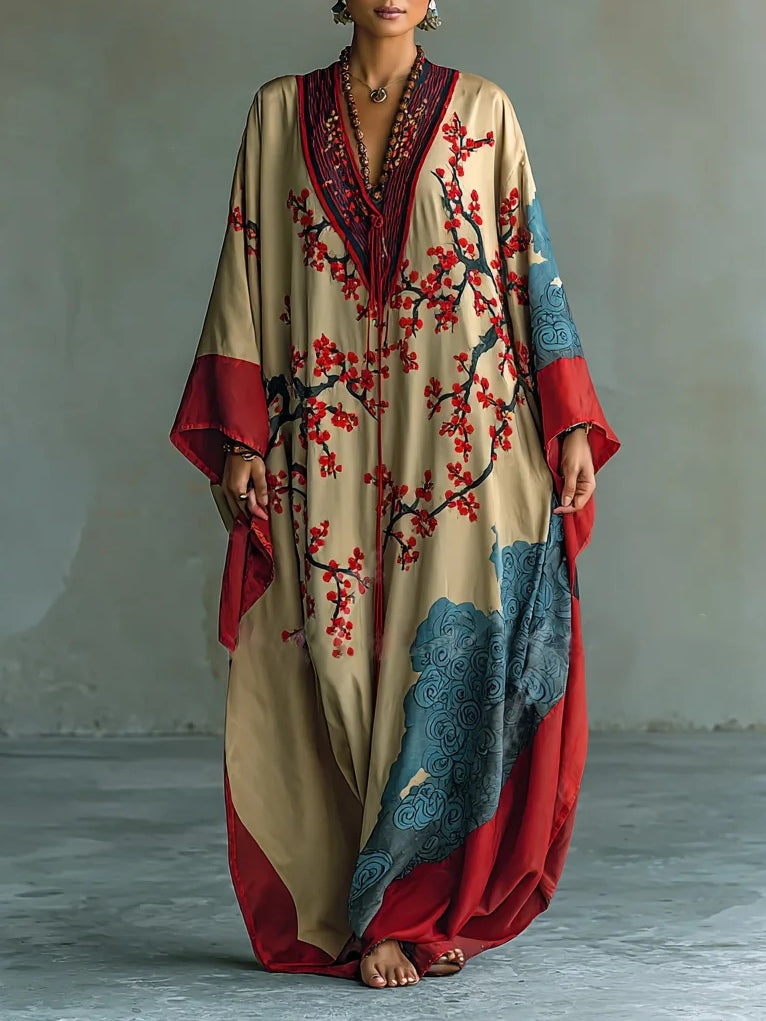 Women's Maxi Dress with Batwing Sleeves and Japanese Red Plum Blossom Print