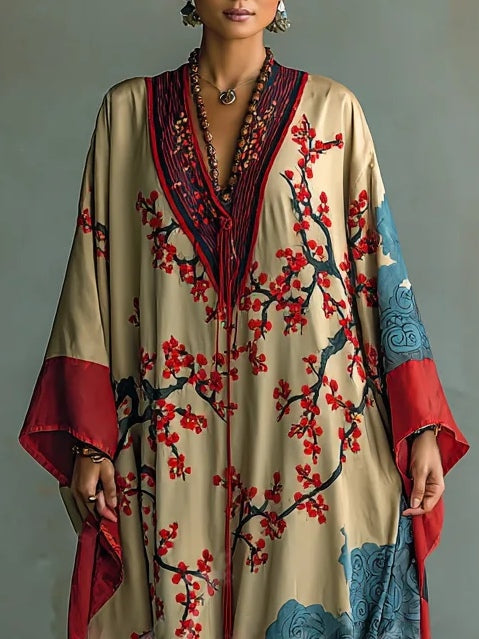 Women's Maxi Dress with Batwing Sleeves and Japanese Red Plum Blossom Print